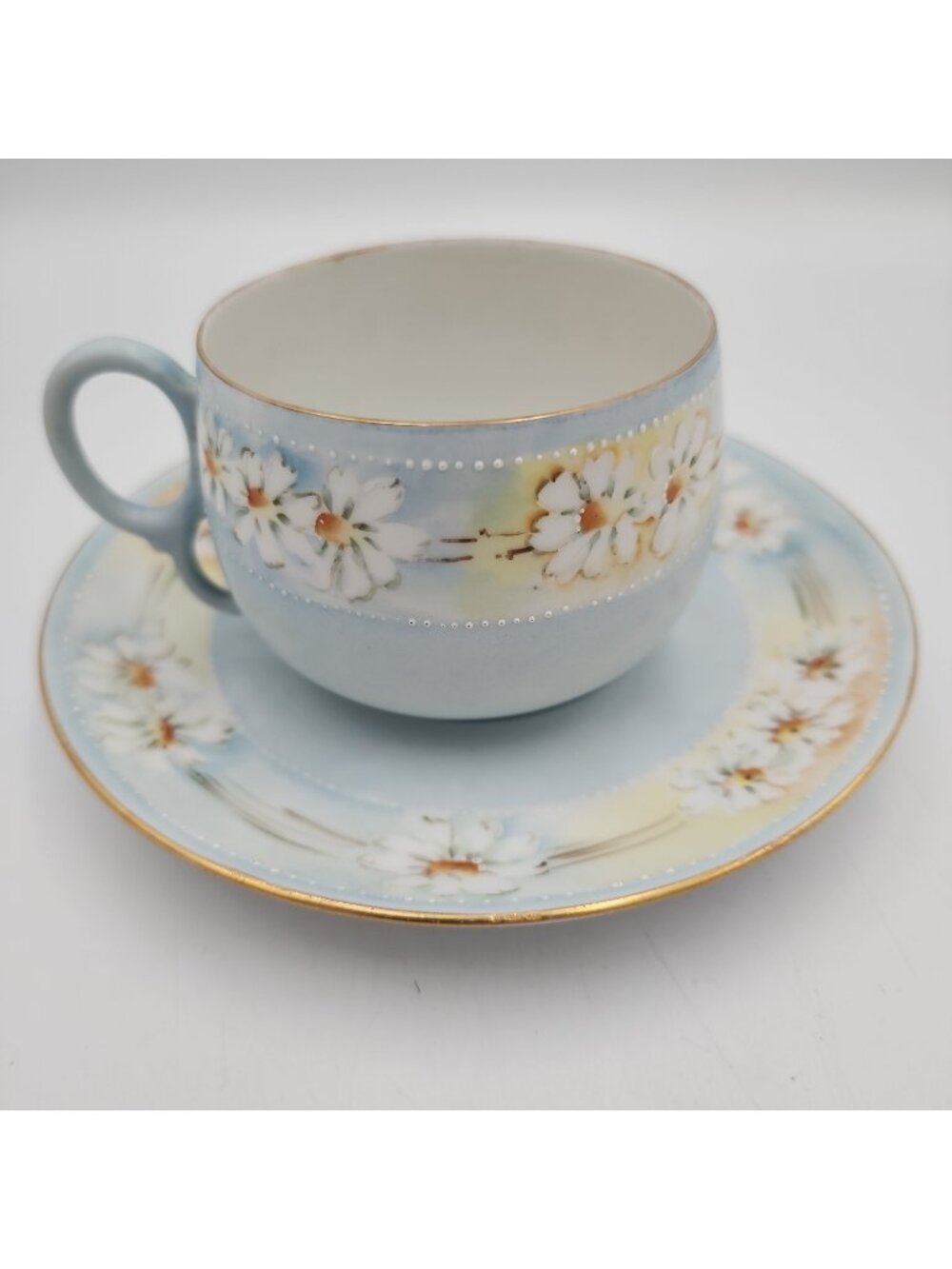 vintage blue teacup saucer White Daisy Bone China Unmarked Handpainted